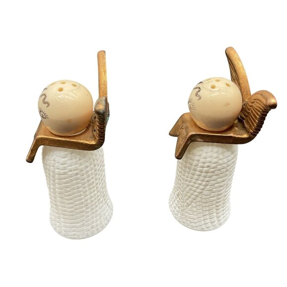 Vintage Angel Salt & Pepper Shaker Set With Brass Wings & Ceramic Texture Design - Picture 4 of 6